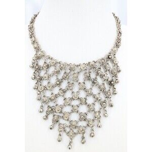 Yemenite Style Filigree Bib Necklace Silver Tone Floral Bells 17 in 87g Ethnic